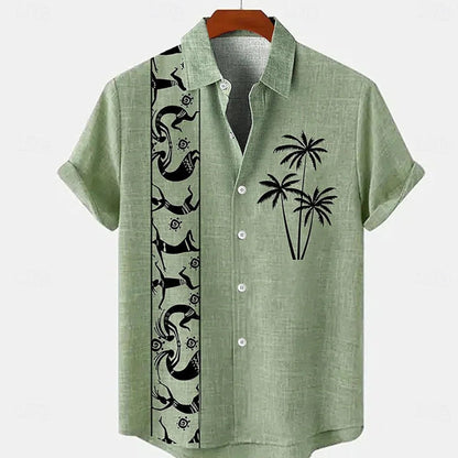 Green shirt with black palm tree design on a hanger against a white background