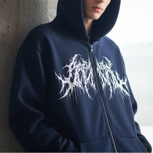Navy blue hoodie with white graphic design on a white background