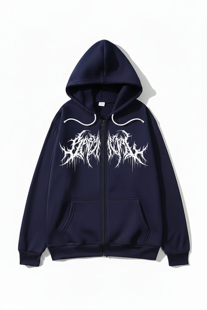 Navy blue hoodie with white graphic design on a white background
