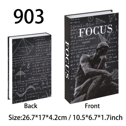 Notebook with 'FOCUS' text and mathematical equations on a black background, shown from front and back.