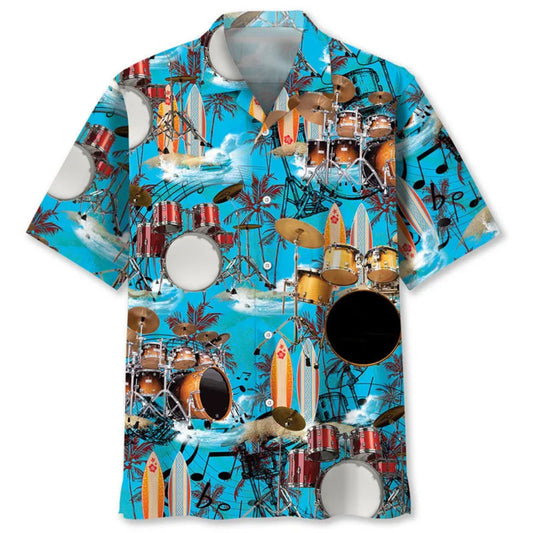 Hawaiian shirt with drum set and beach elements on a blue background