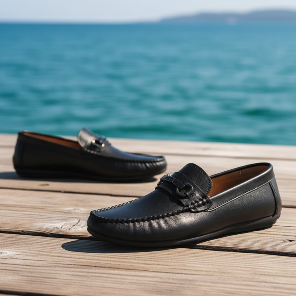 Black leather loafers worn with black pants on a gray floor.
