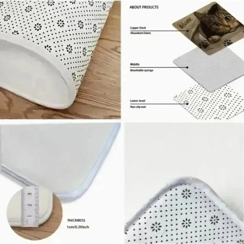 Collage of a pet mat with features and measurements on a wooden surface.