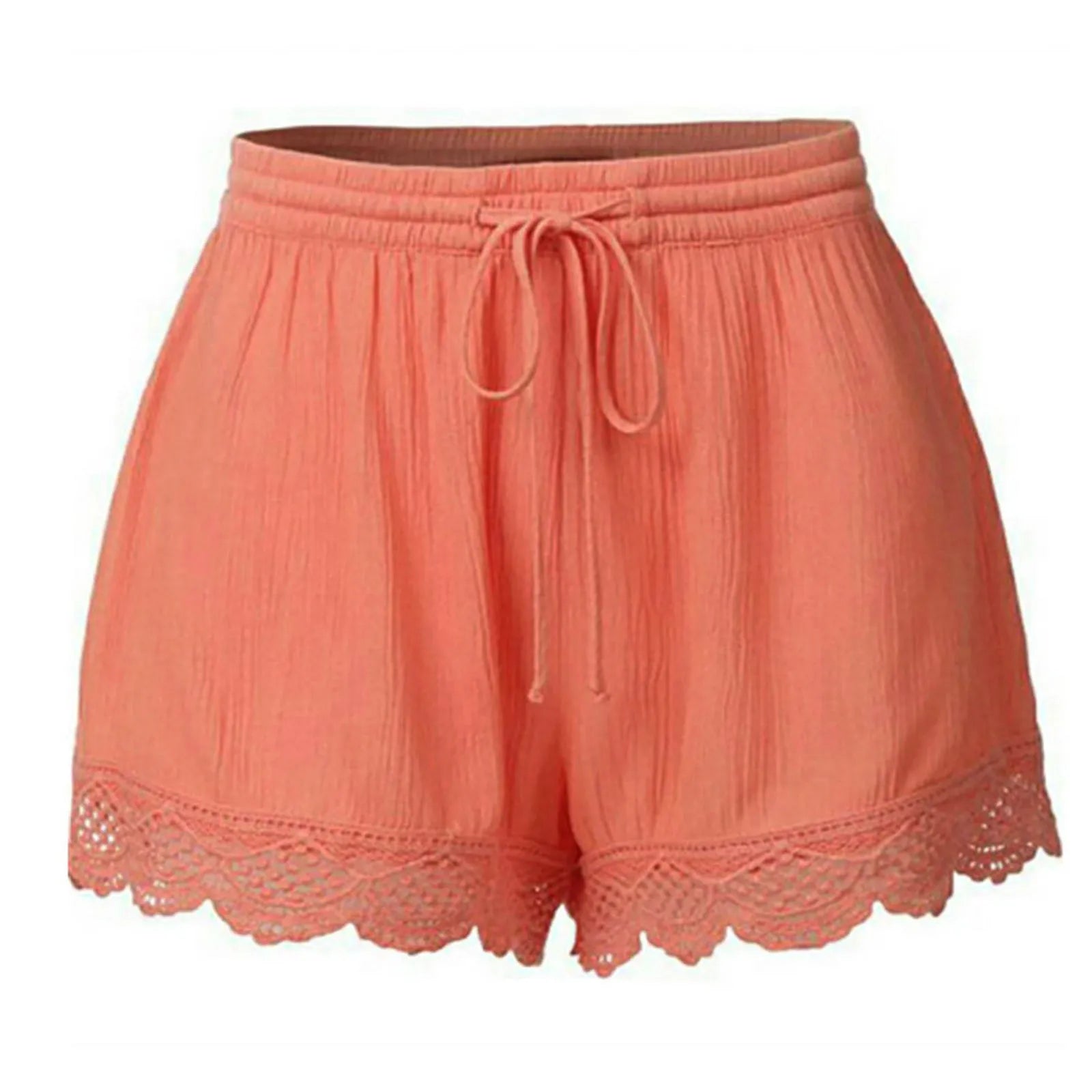 Coral shorts with lace trim on a white background