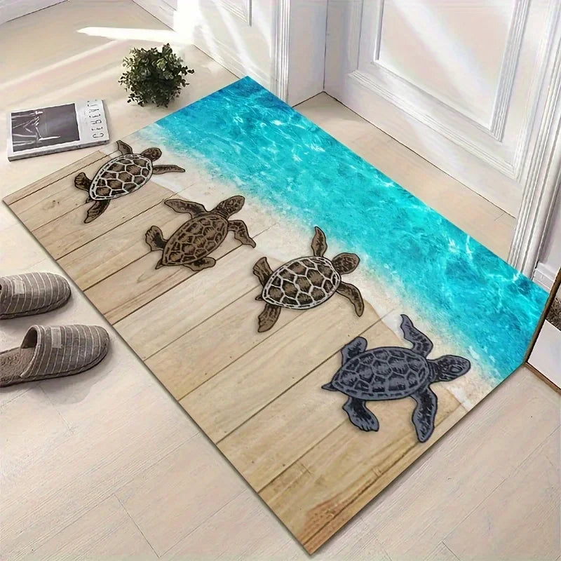 Doormat with turtle design on a wooden floor