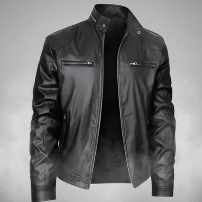 Black leather jacket on a gray background