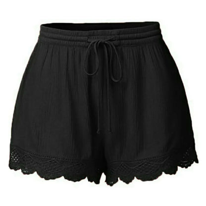 Black shorts with lace trim on a white background