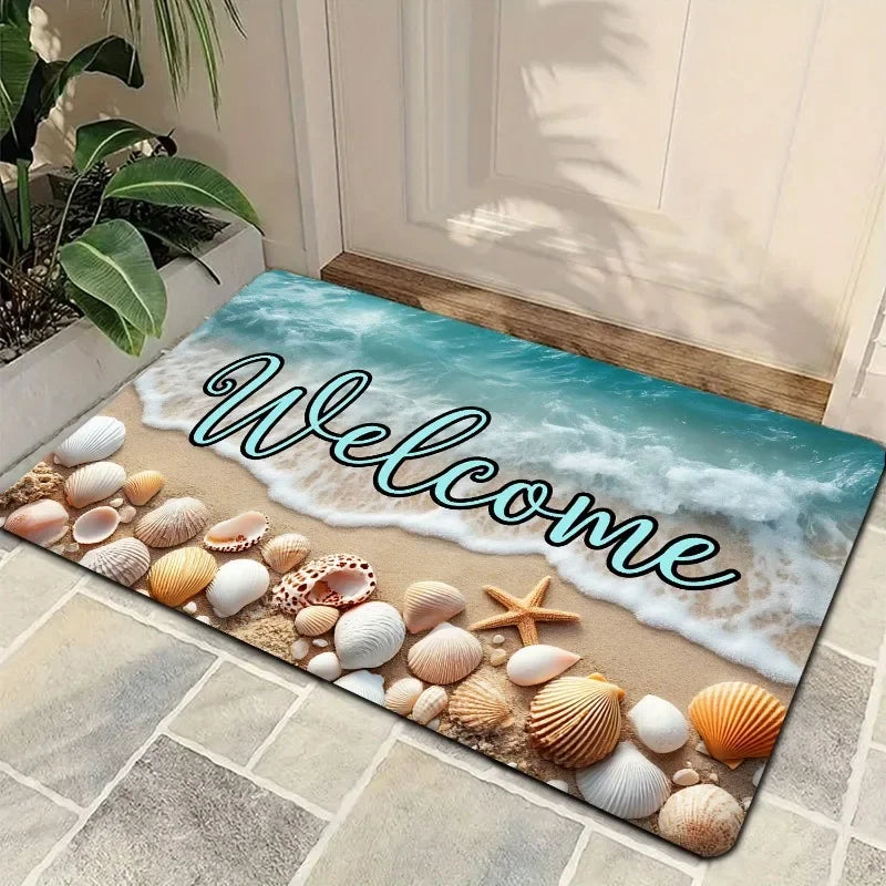 Door mat with beach design and 'Welcome' text on a tiled floor.