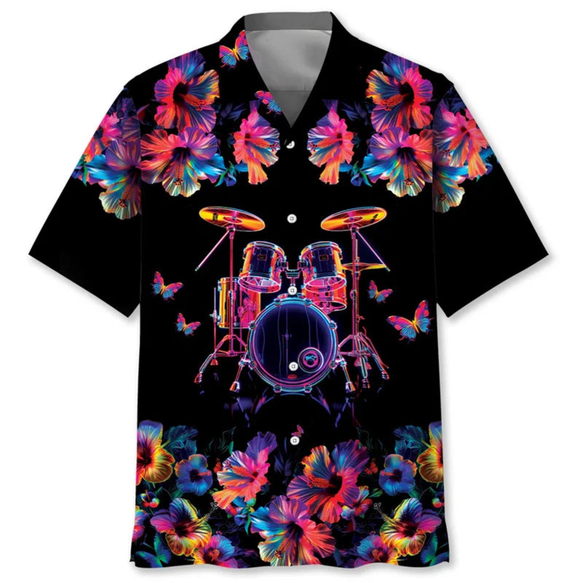 Black shirt with colorful drum set and floral design on a white background