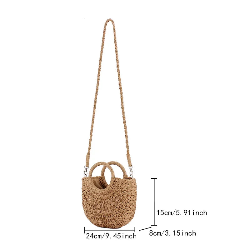 Woven handbag with a strap and measurements on a white background