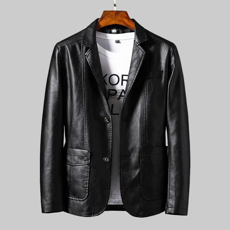 Black leather jacket on a hanger against a gray background