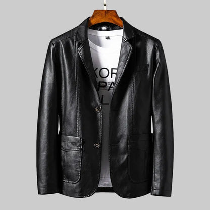 Black leather jacket on a hanger against a gray background
