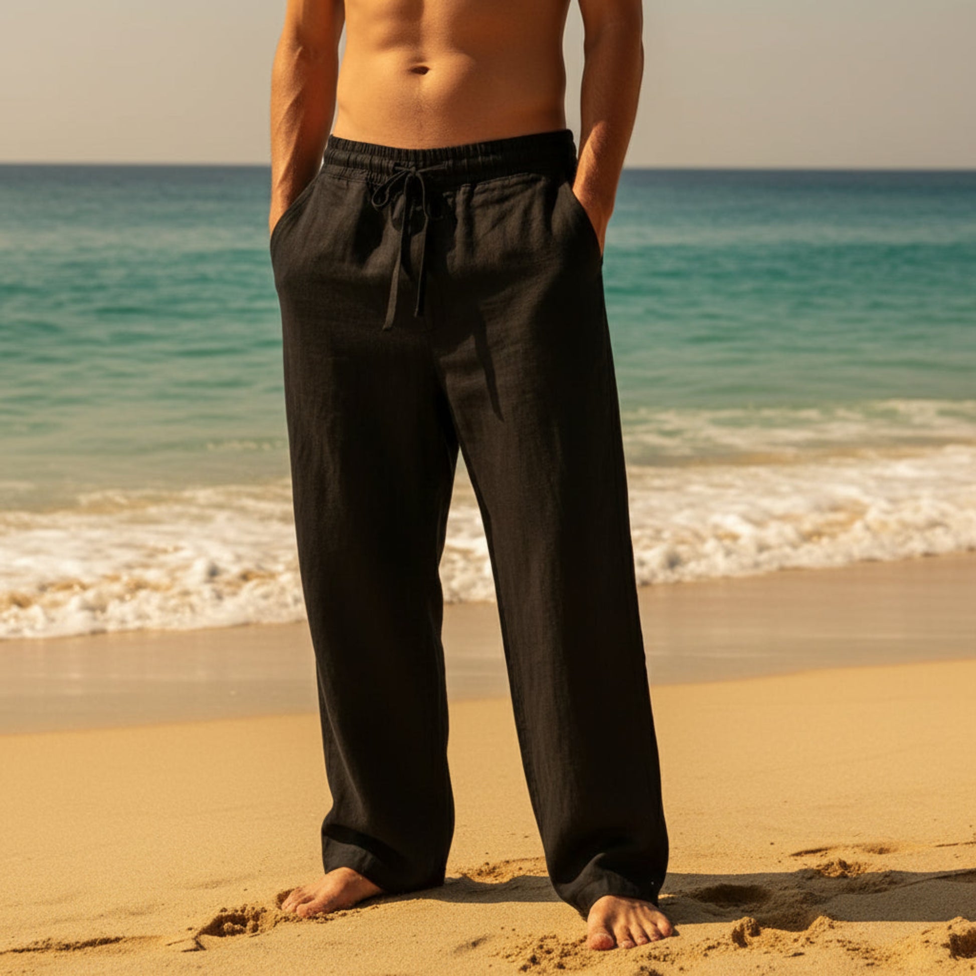 Person wearing black pants standing by a body of water with a white curtain in the background.