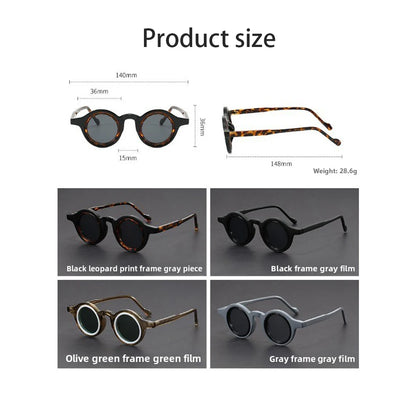 Sunglasses collection with measurements and color options displayed on a white background