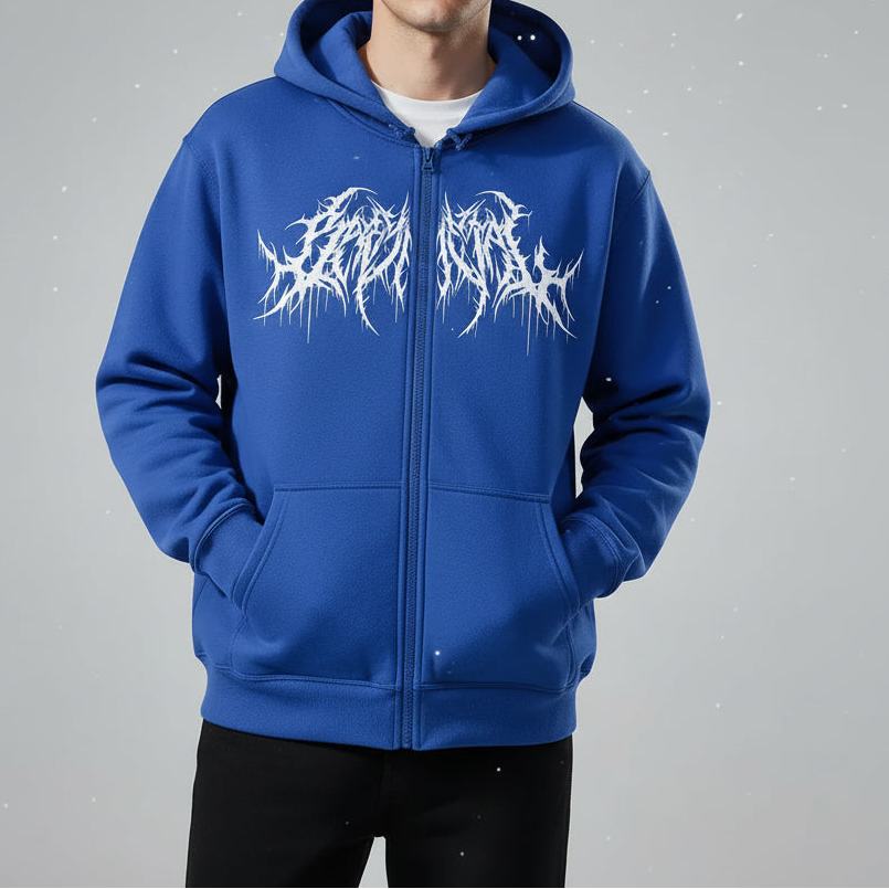 Blue hoodie with white graphic design on a white background