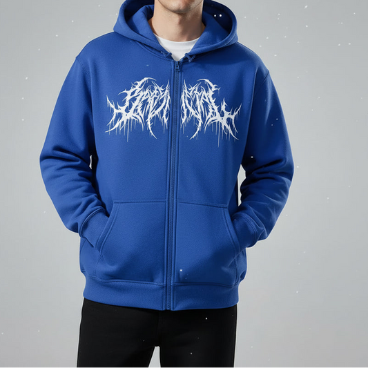 Blue hoodie with white graphic design on a white background