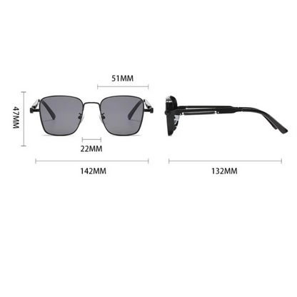 Sunglasses with dimensions labeled on a white background