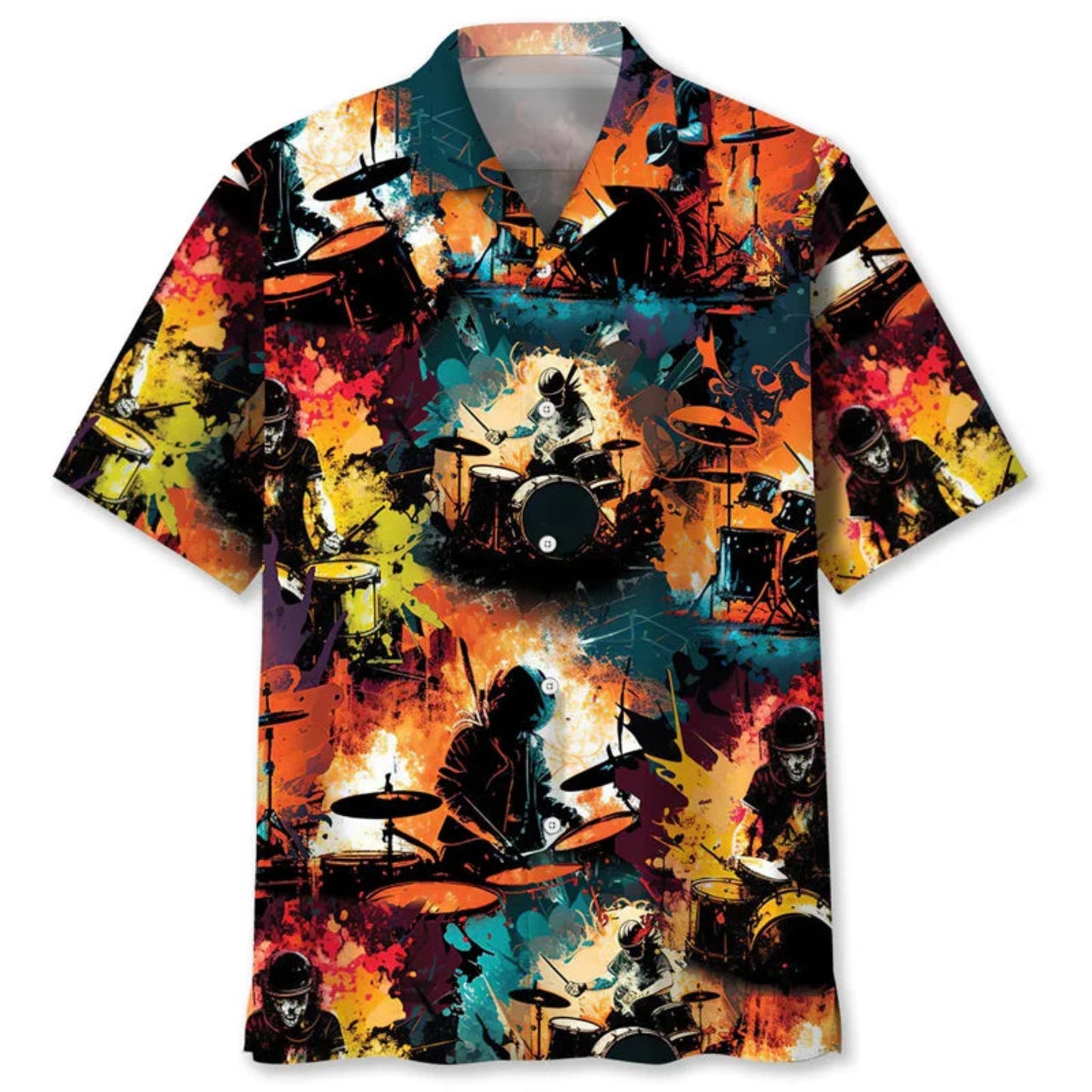 Colorful shirt with drum set and musician design on a white background