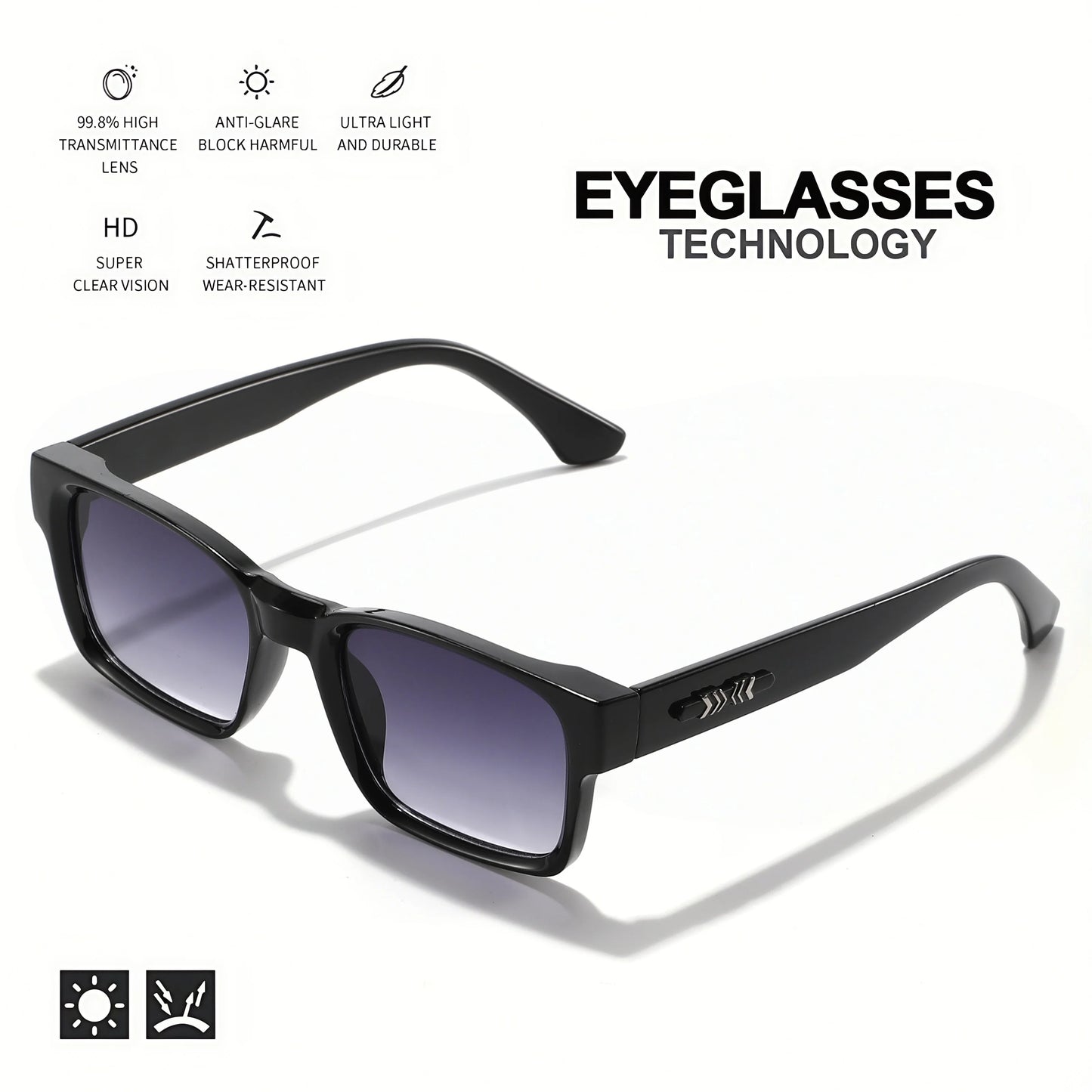 Black sunglasses with features listed on a white background