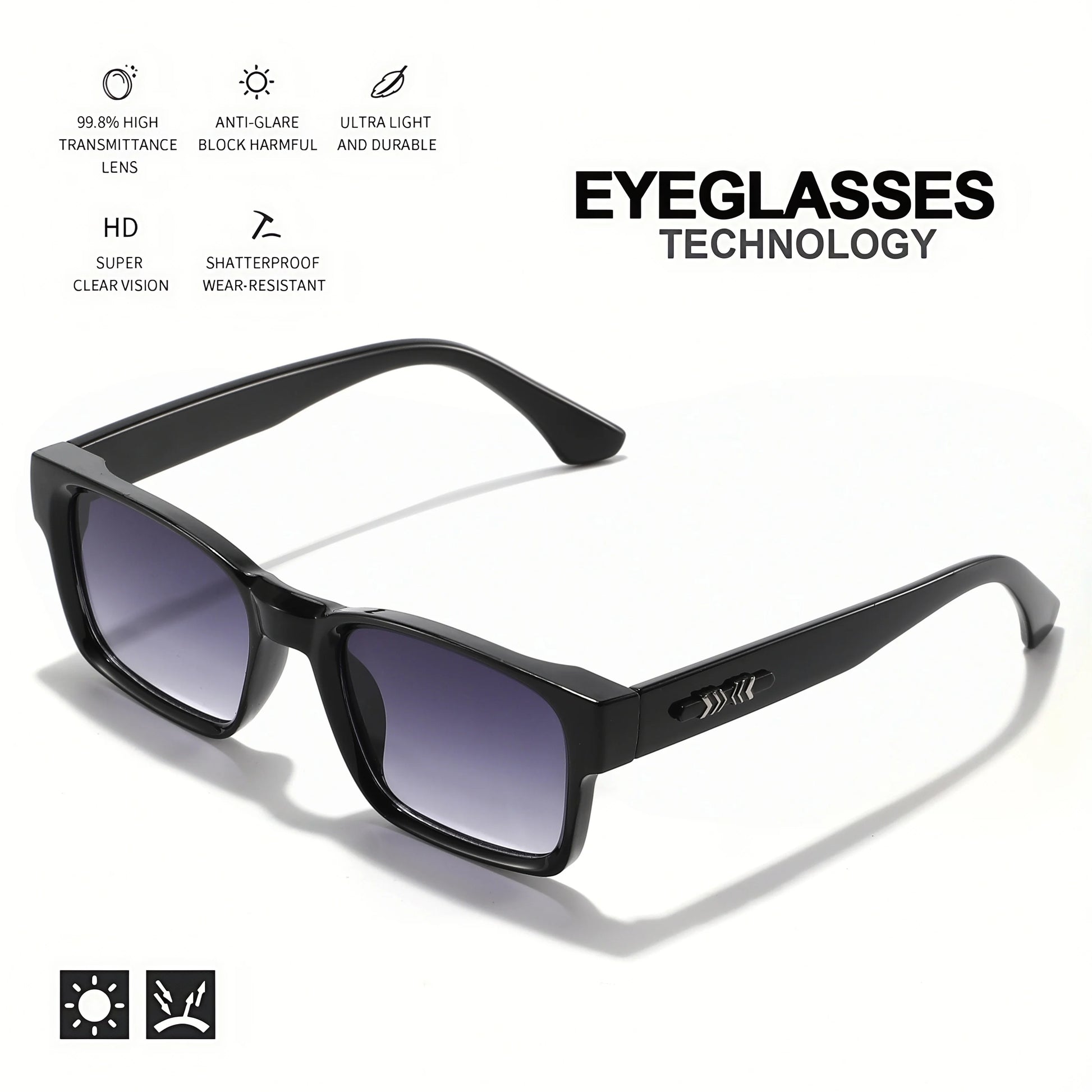 Black sunglasses with features listed on a white background