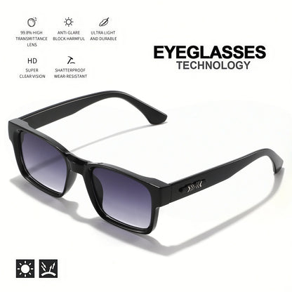 Black sunglasses with features listed on a white background