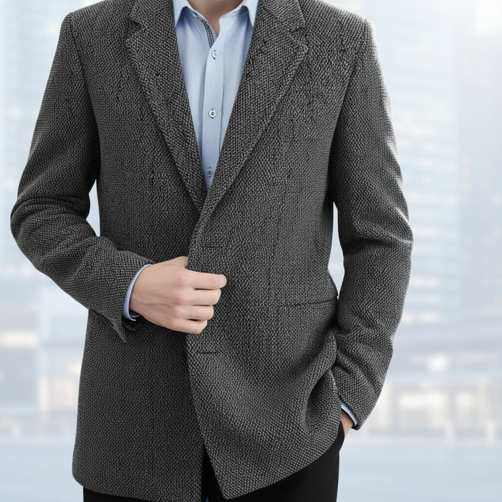 Gray textured coat worn by a person on a white background