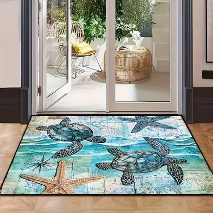 Decorative rug with turtle and starfish design on a wooden floor.
