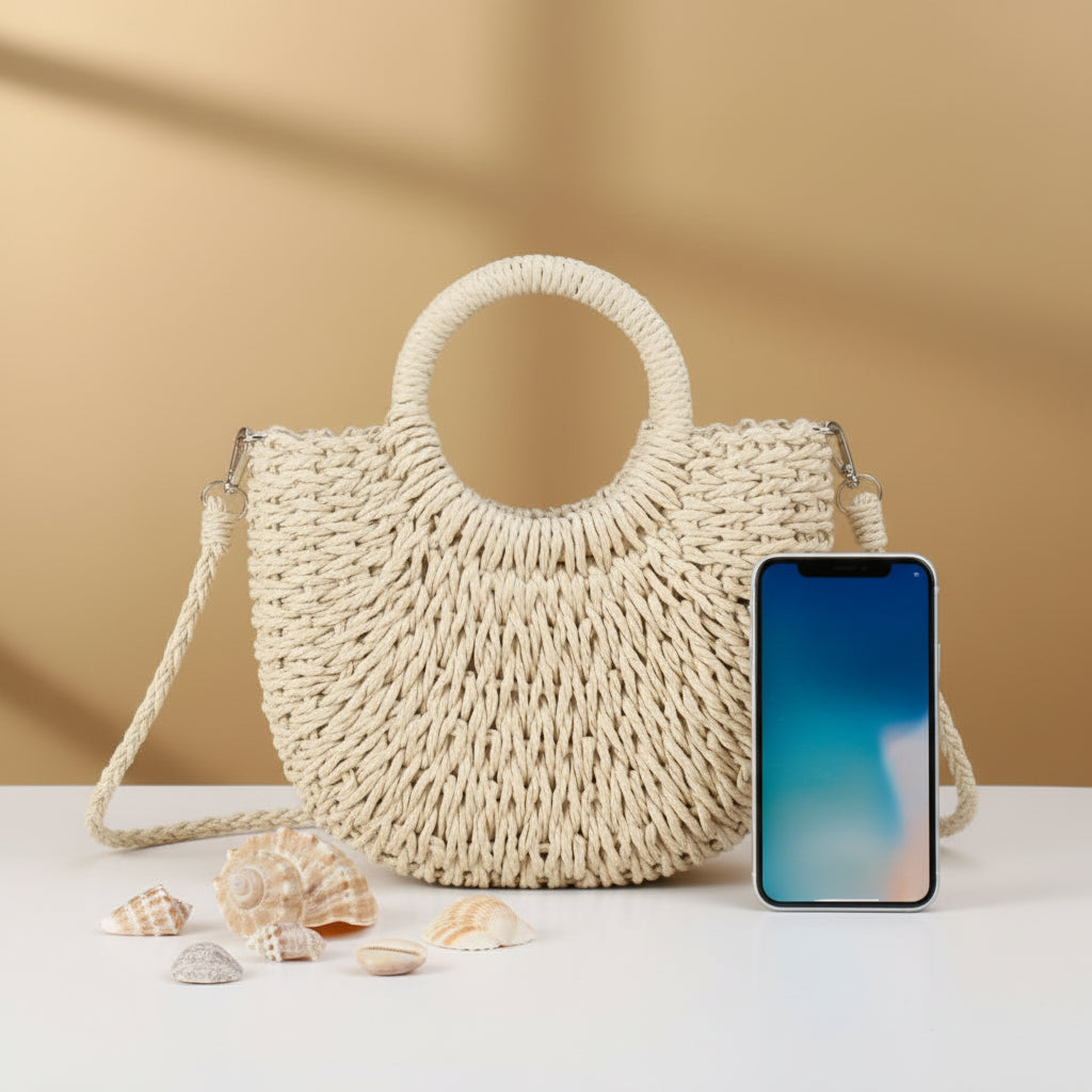 Beige woven handbag with round handles on a white background