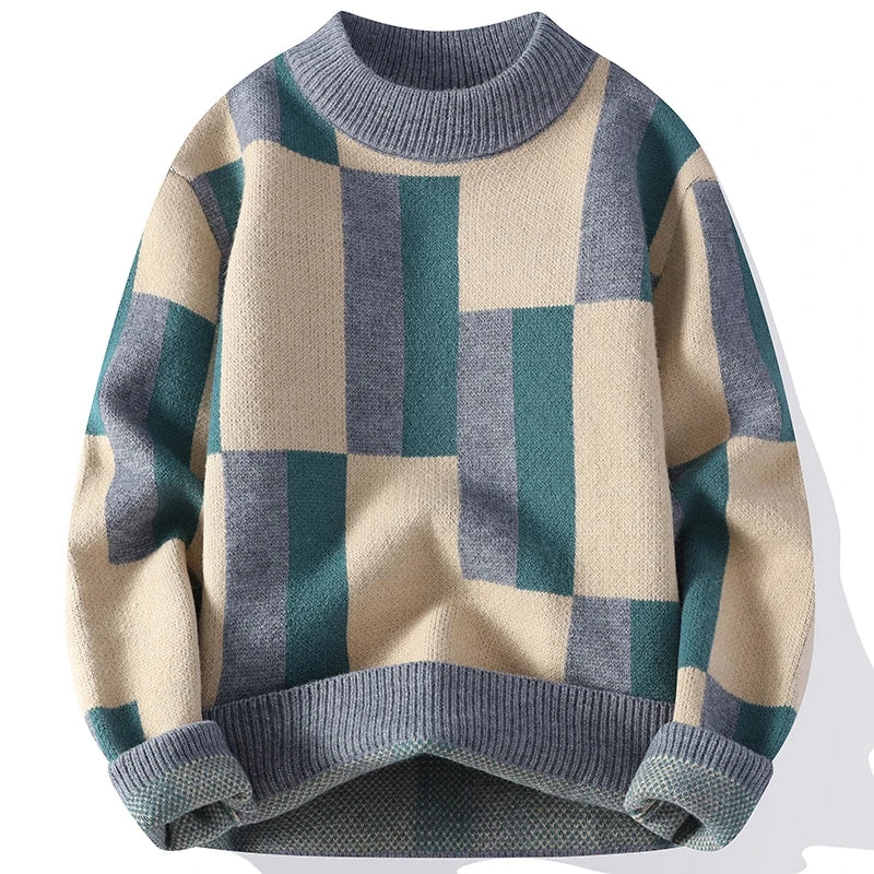 Plaid sweater with blue, green, and beige colors on a white background