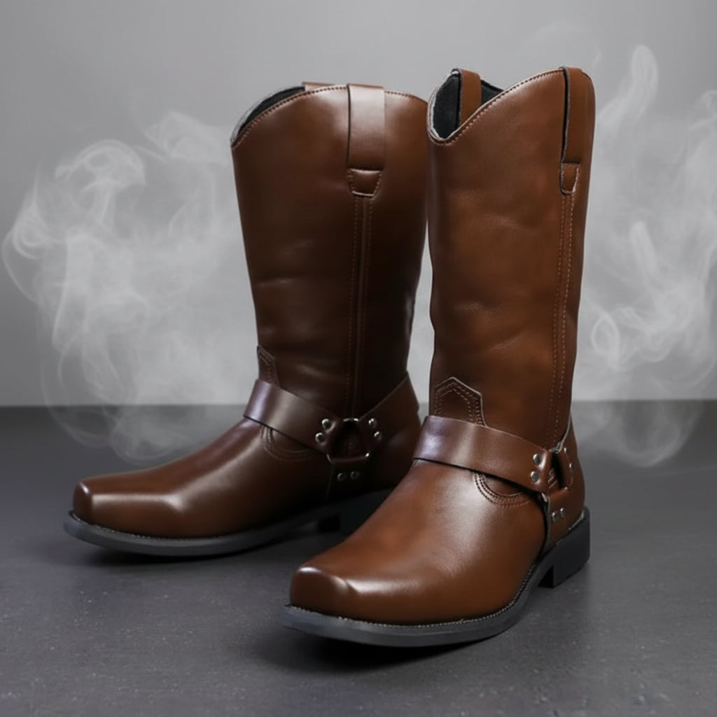 Brown leather boots with buckles on a neutral background