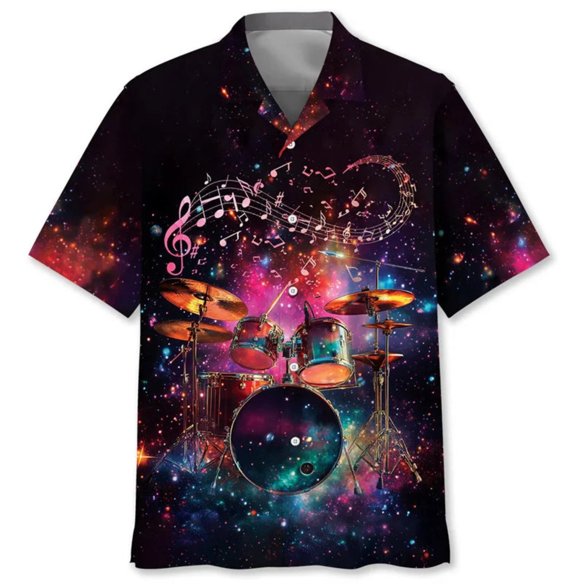 Shirt with a colorful drum set and musical notes design on a galaxy background