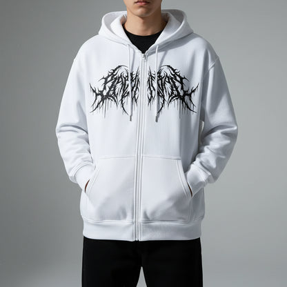 White hoodie with black graphic design on a white background