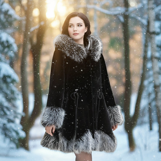 Black coat with fur trim on a gray background