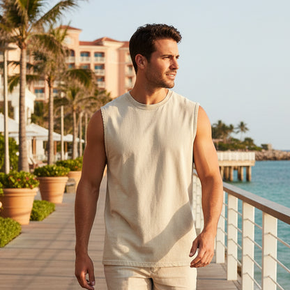 Beige sleeveless shirt on a white background