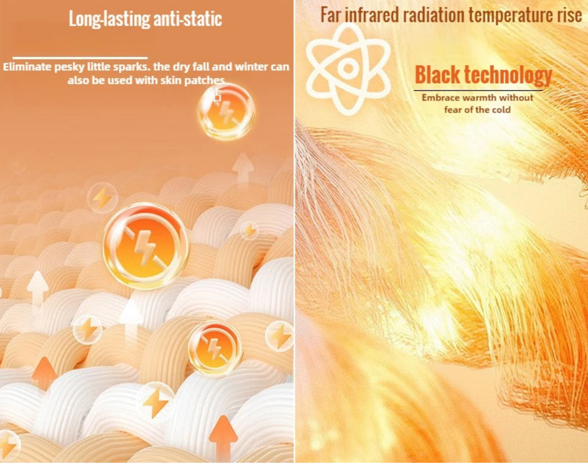 Two product advertisements with text and graphics on a warm color palette.