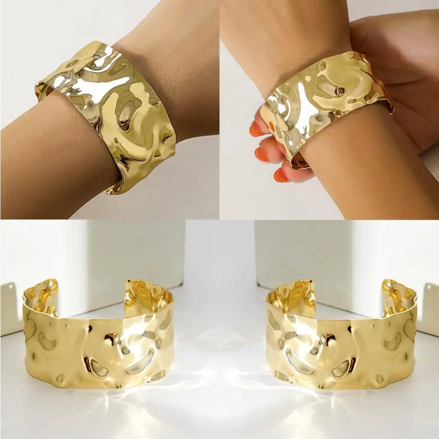 Gold bracelet on a wrist with a white background