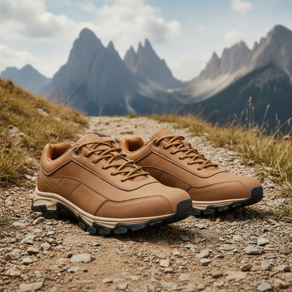 Pair of brown leather shoes with black soles on a white background