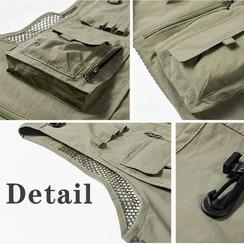 Collage of a green tactical vest with various details on a white background