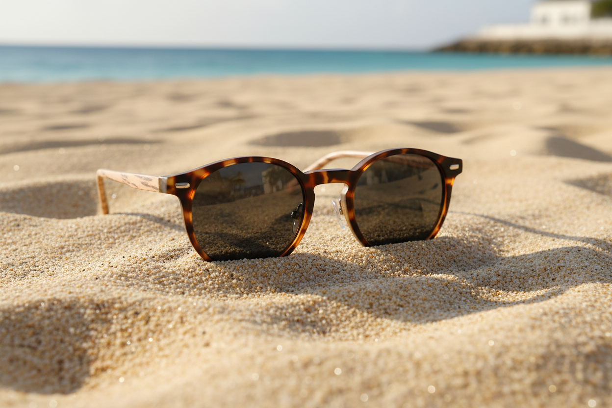 Sunglasses with tortoiseshell frame and dark lenses on a white background
