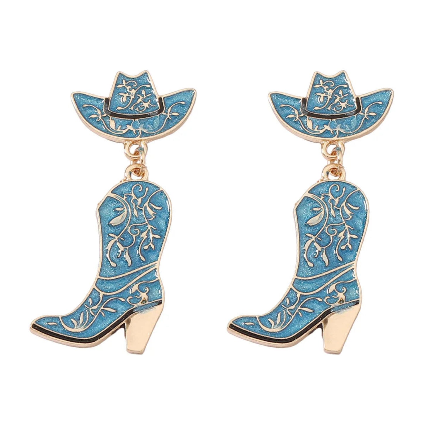 Blue cowboy boot and hat earrings on a white background
