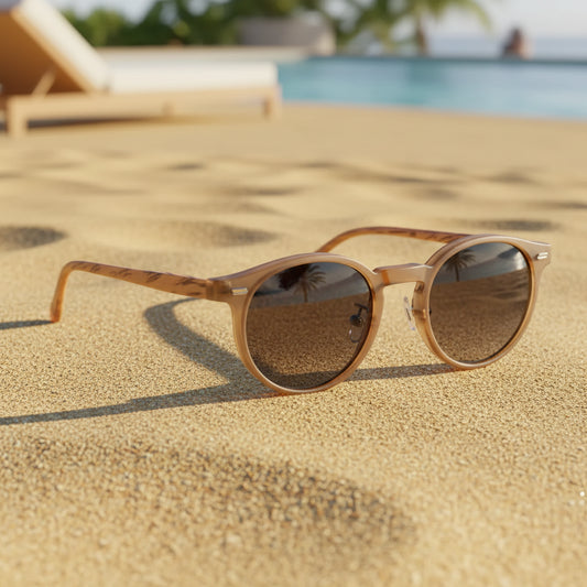 Round sunglasses with wooden frame and measurements on a gray background