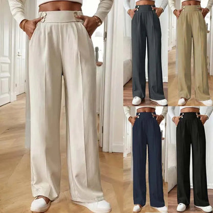 Wide-leg pants in beige, black, navy, and brown shown on a person in different settings.