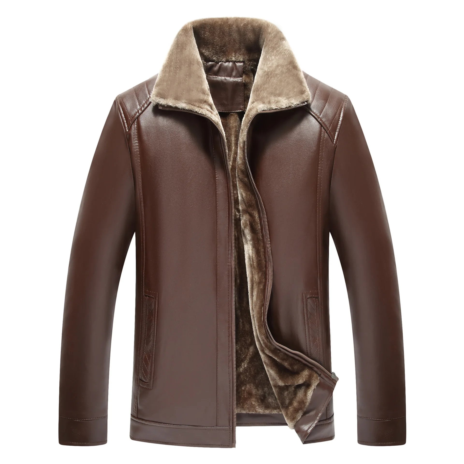 Brown leather jacket with fur lining on a white background