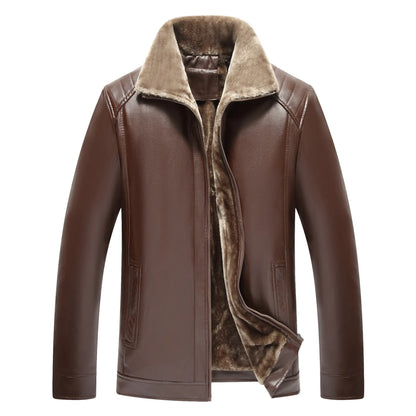 Brown leather jacket with fur lining on a white background