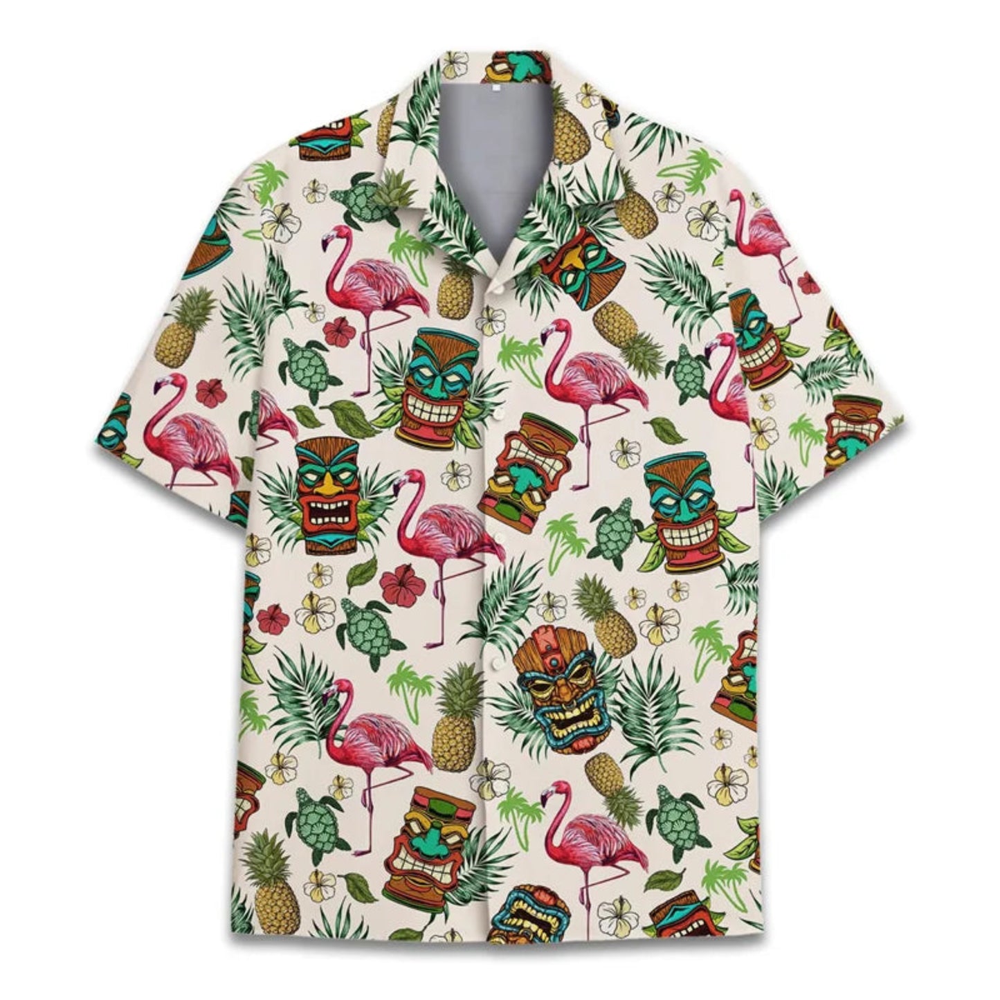 Hawaiian shirt with tropical pattern featuring flamingos, tiki masks, and pineapples on a white background.