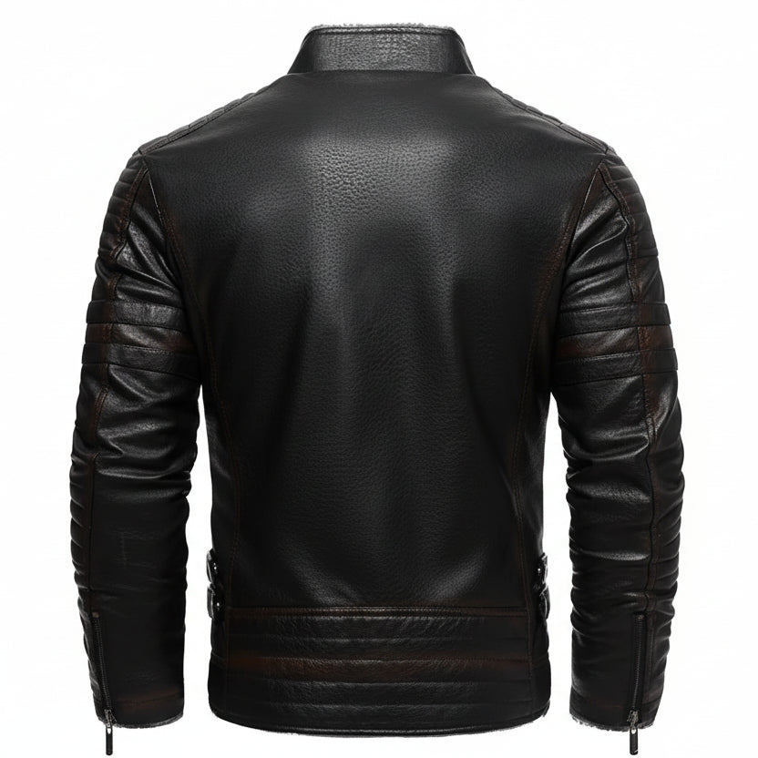 Black leather jacket shown from the back on a white background with text.