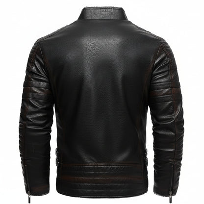 Black leather jacket shown from the back on a white background with text.
