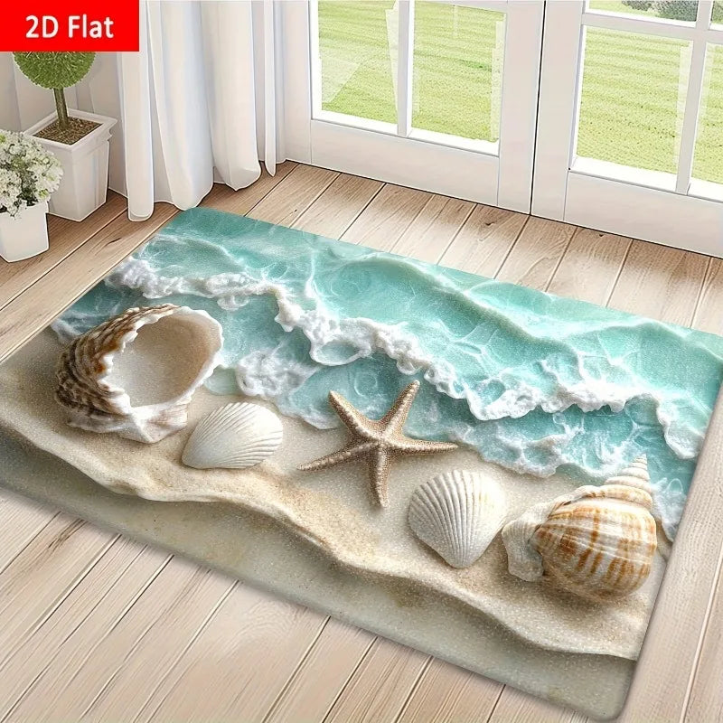 Decorative rug with beach theme featuring shells and starfish on a wooden floor.