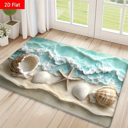 Decorative rug with beach theme featuring shells and starfish on a wooden floor.