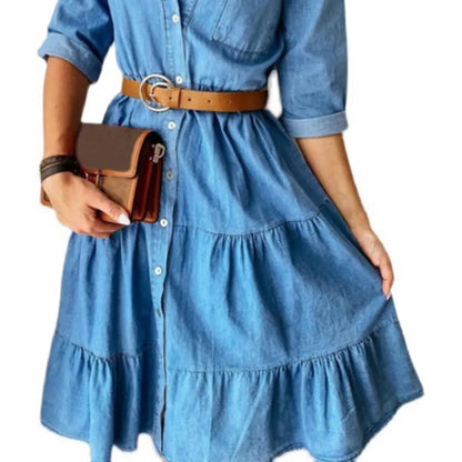 Denise Denim Belted Ruffle Dress